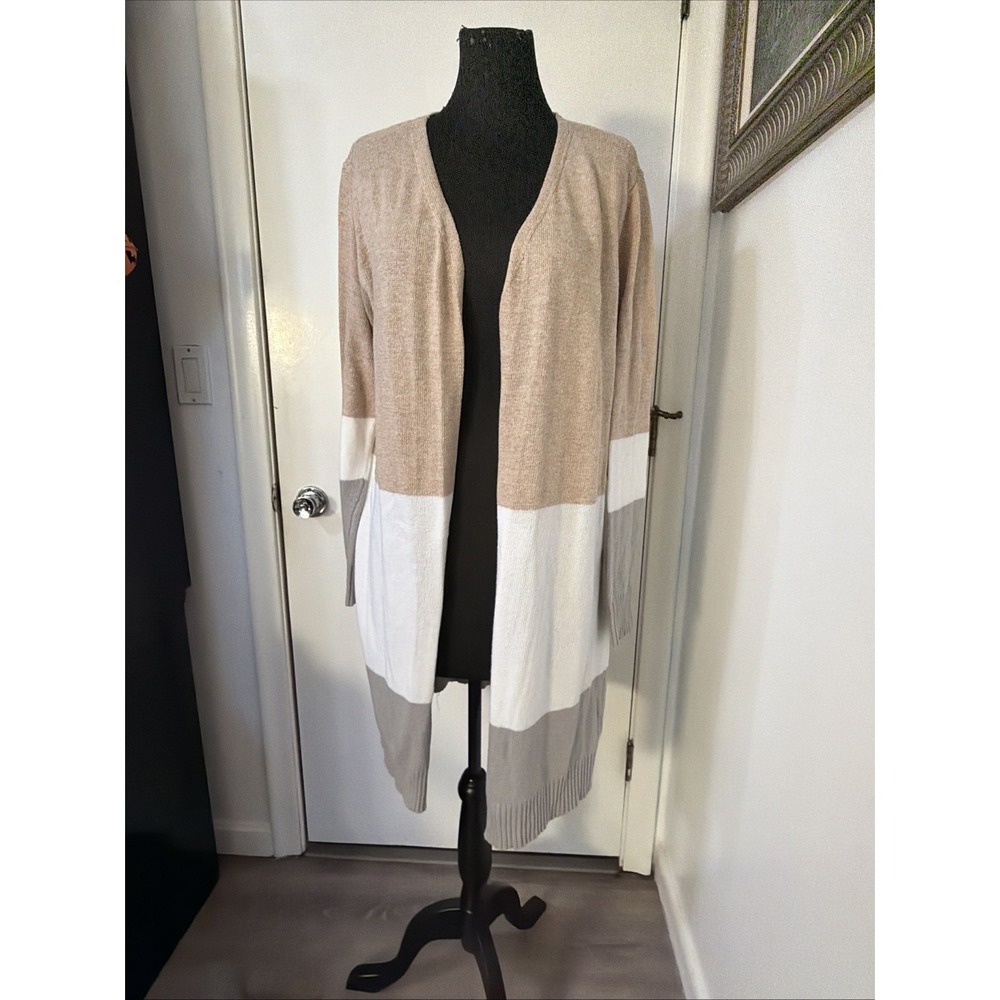 Doe & Rae Sz L Color Block 100% Angora Neutrals Open Long Open Cardigan